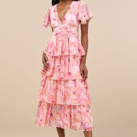 Lulus Nalia Pink Abstract Print Tiered Tie-back Midi Dress - Size S - Picture 1 of 1